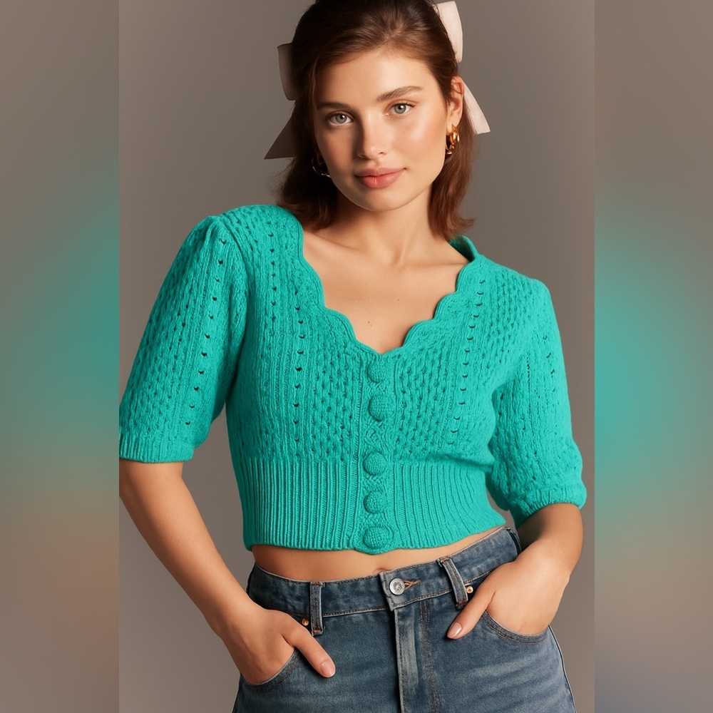 English Factory Pointelle Puff-Sleeve Knit Top – Turquoise – Size L